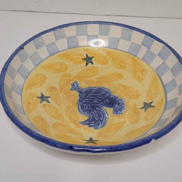 Dan Lasser Vintage Ceramic Stoneware Art Pottery Pasta Bowl Blue Chicken Rooster - Picture 5 of 7